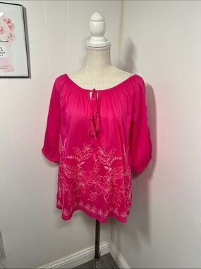 NWT Cato Women’s Pink Embroidered Floral Peasant Blouse Size Large